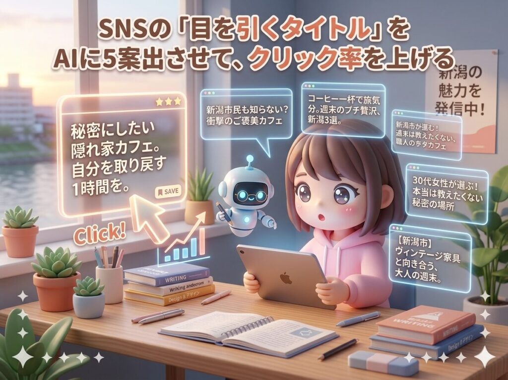 SNSの「目を引くタイトル」をAIに5案出させて、クリック率を上げる